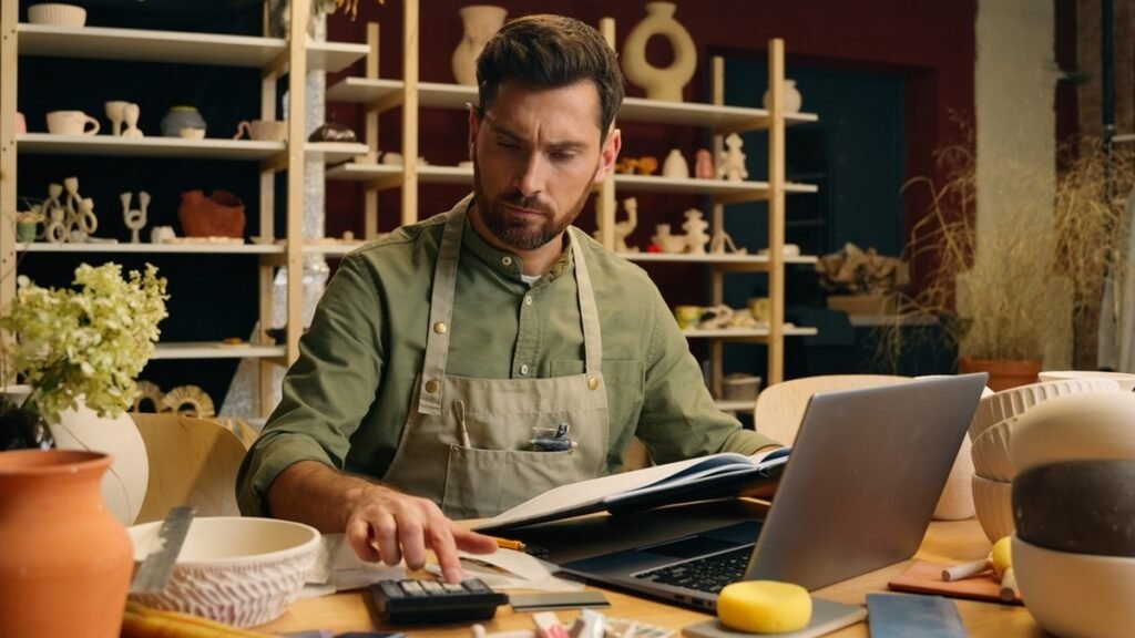 Small business owner in a ceramics studio working through an ATO debt on a calculator and laptop